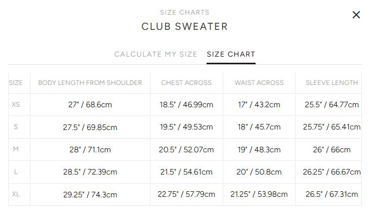 Product size guide