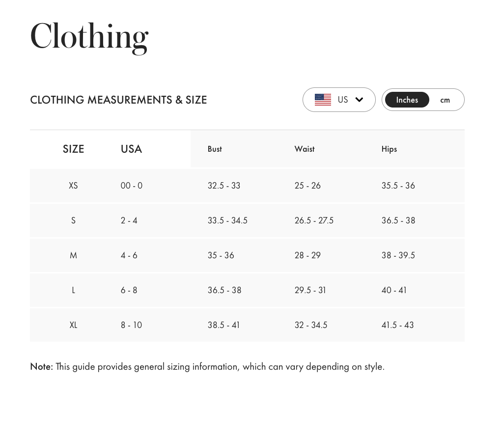 Product size guide