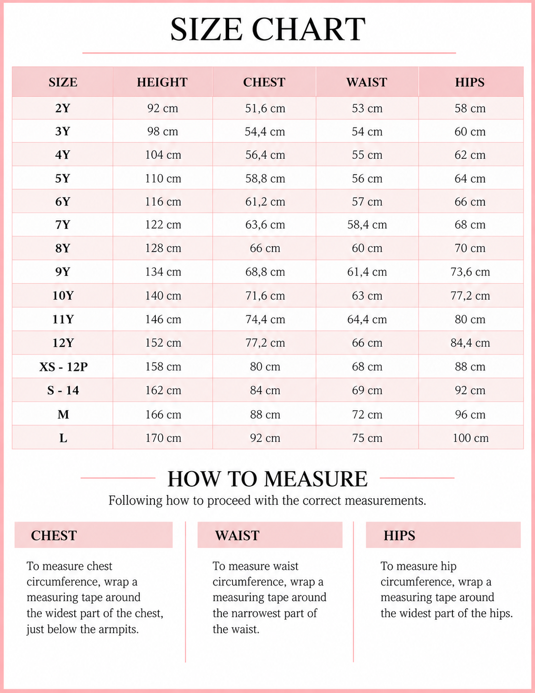 Product size guide