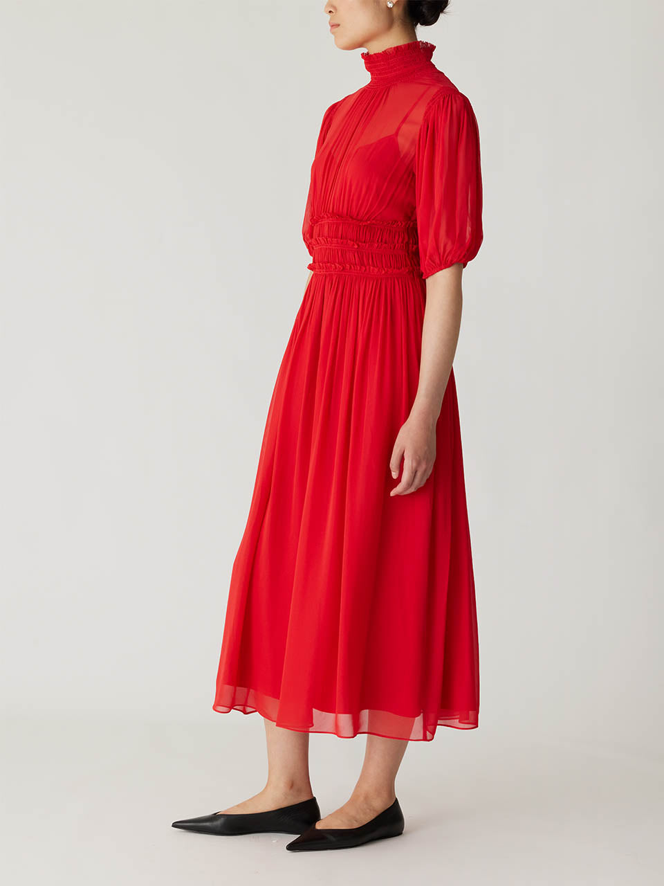 Viscose Chiffon Smocked Waist Dress | Red Lip
