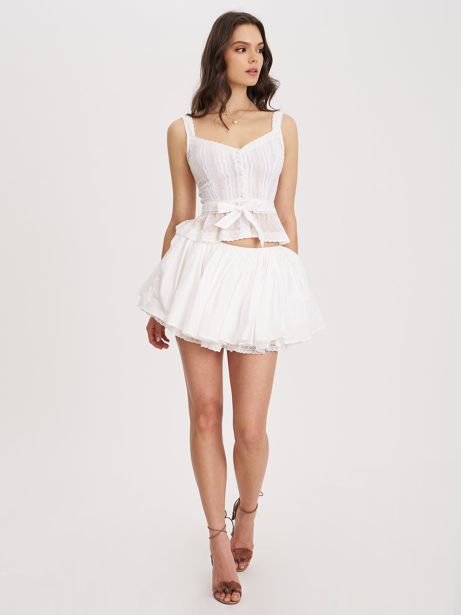 Aliza Cotton Poplin Lace Trim Layered Mini Skirt | White