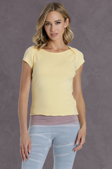 Women | Short Sleeve Crossover Shoulder Baby Tee | Maize