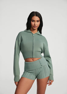 Knit Cropped Zip-Up Jacket | Sage Green