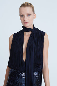 Halston | Carly Chiffon Pleated Bodysuit | Navy