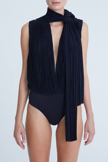 Halston | Carly Chiffon Pleated Bodysuit | Navy
