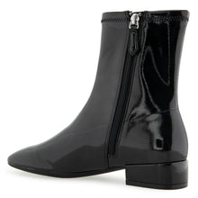 Nina Bootie Low Block Heel | Black Stretch Crinkled Faux Patent