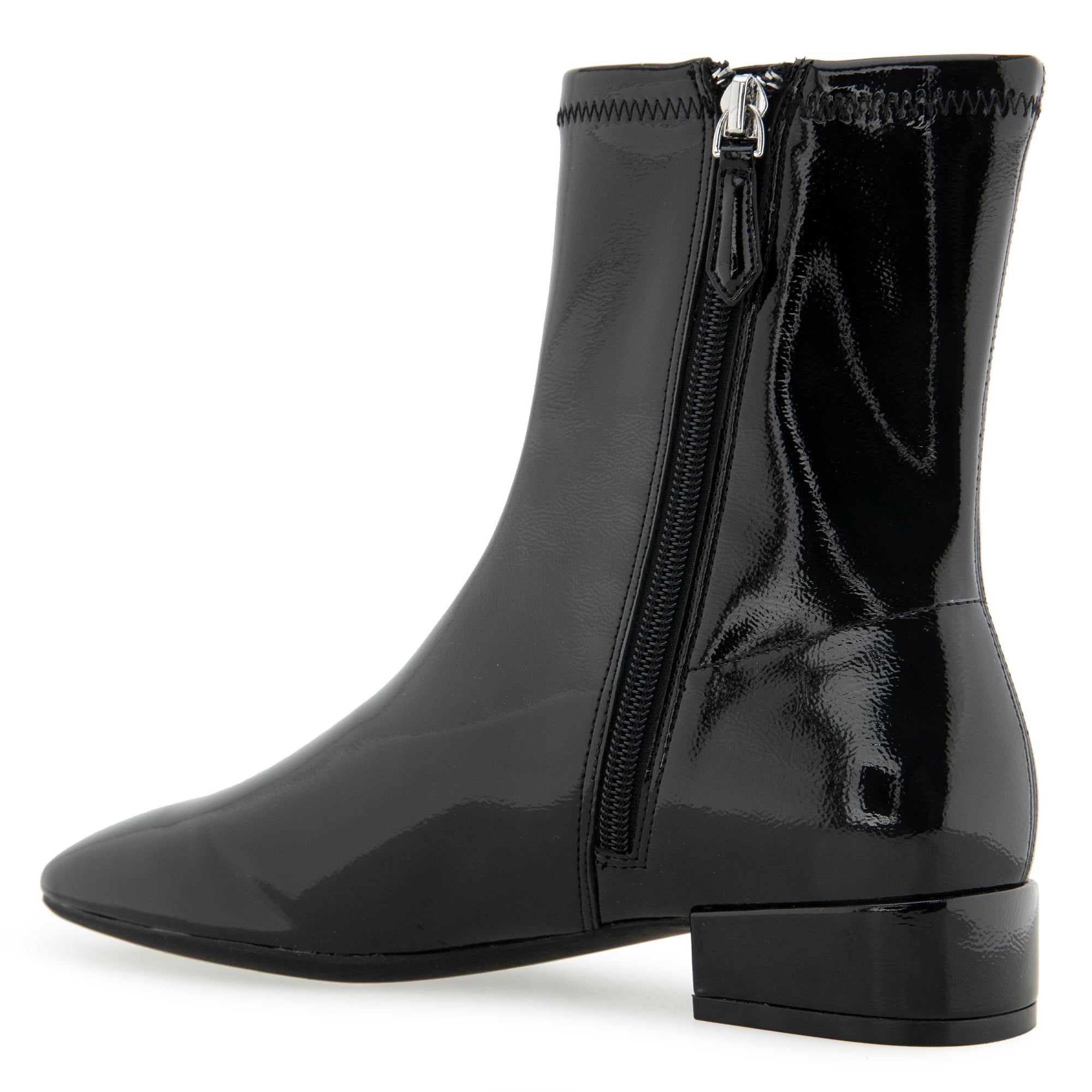 Nina Bootie Low Block Heel | Black Stretch Crinkled Faux Patent