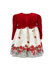 Girls | Houndstooth Dress With Roses | Cream/Ruby