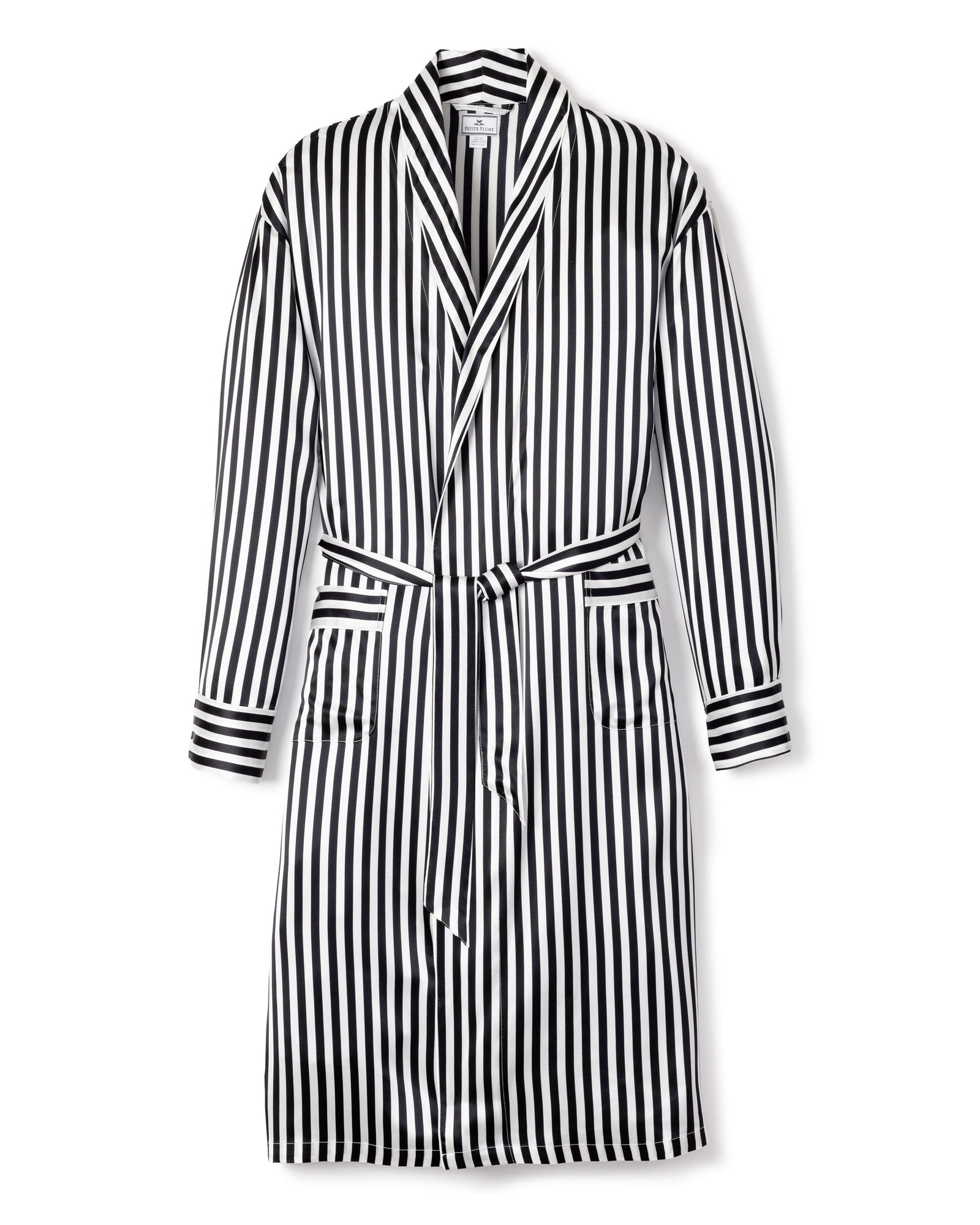 The Petite Plume Mens Silk Long Robe in Black and White Bengal Stripe features long sleeves, a shawl collar, two front pockets, and a matching waist belt, evoking classic Hollywood glamour. Laid flat on a white background.