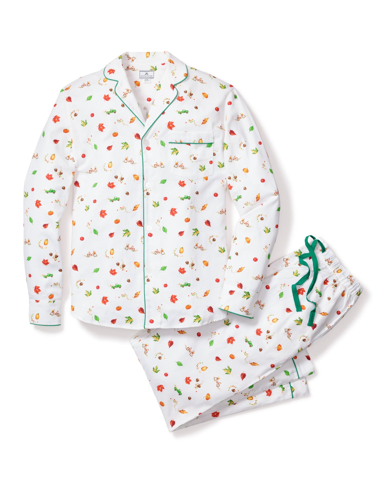 The Mens Twill Pajama Set in Shades of Autumn by Petite Plume showcases autumnal hues with its floral print of red, green, and yellow blooms. The long-sleeve top features green piping and a chest pocket, while the pants are adorned with a green ribbon tie at the waist.
