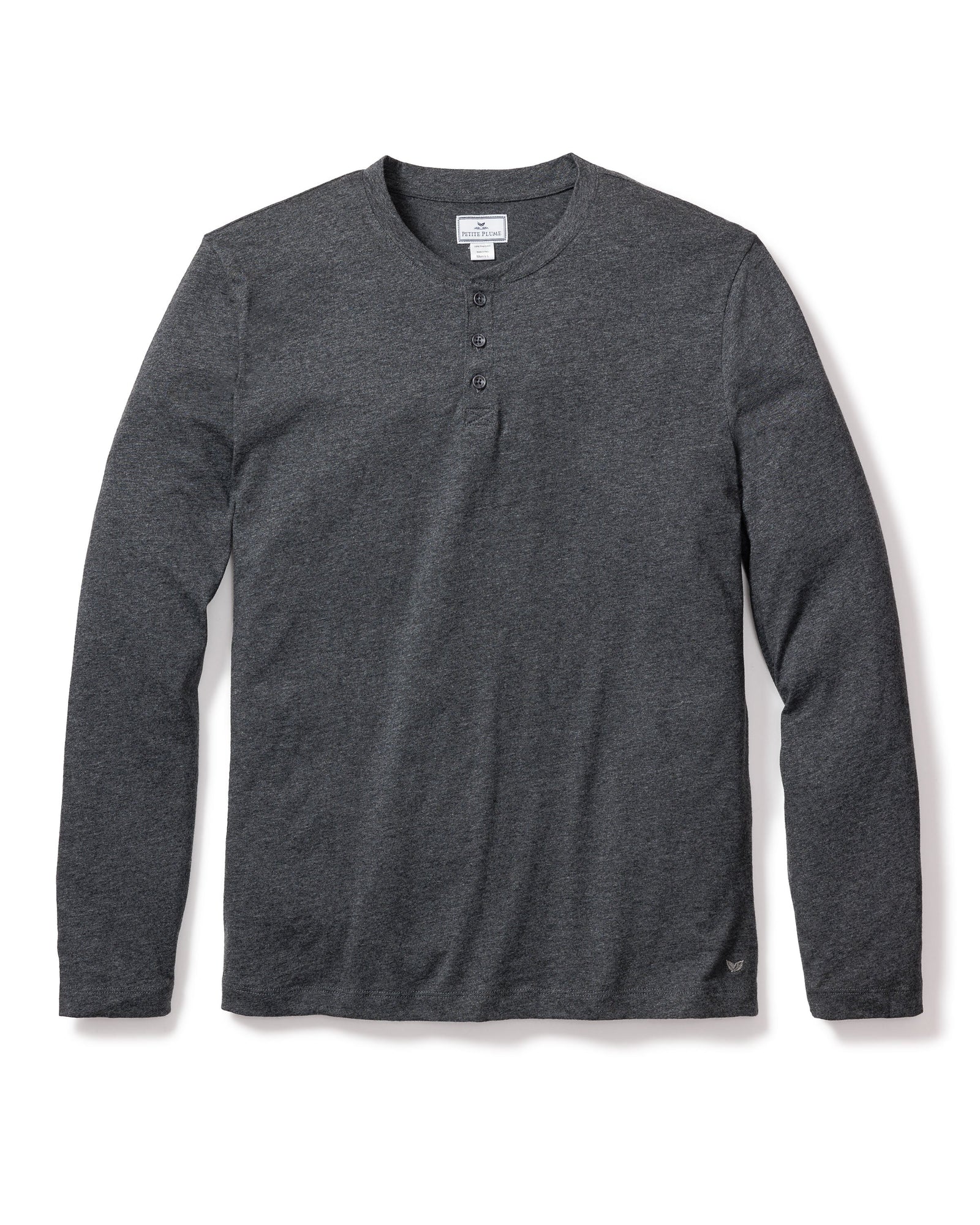 The Mens Pima Henley in Dark Heather Grey by Petite Plume features a round neckline, long sleeves, and four front buttons. Made from soft, lightweight Peruvian Pima cotton, its perfect for luxurious pajamas and is shown against a plain white background.