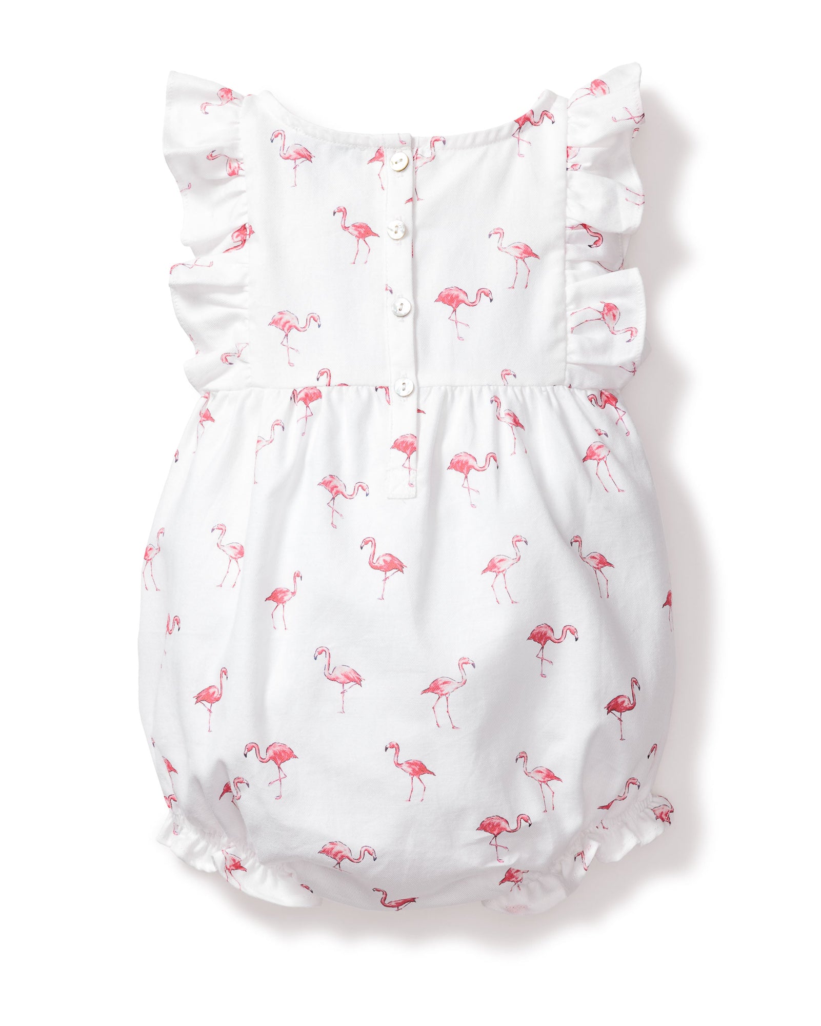 The Petite Plume Babys Twill Ruffled Romper in Flamingos combines charm and comfort with its playful pink flamingo print, white fabric, ruffled sleeves, and hem. It features back buttons, perfect for those seeking tropical pajama vibes for their little ones.