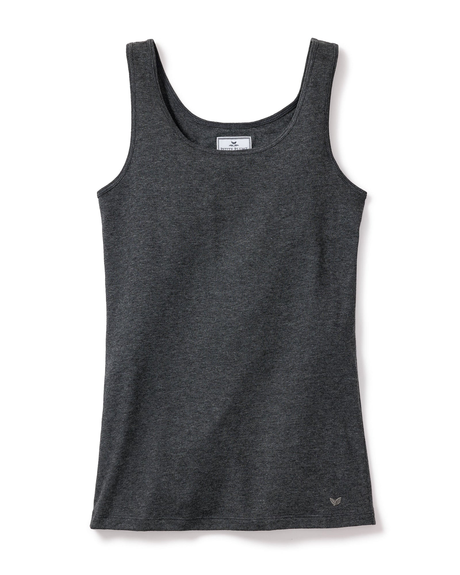 The Petite Plume Womens Pima Tank Top in Dark Heather Grey is sleeveless with a scoop neckline, made from soft jersey knit, and features a small logo near the bottom hem on the front.