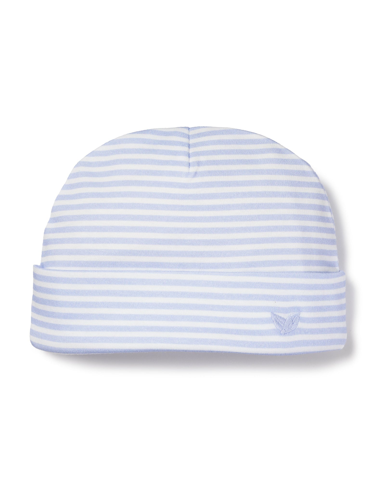 The Babys Pima Hat in Blue Stripes by Petite Plume is crafted from soft Peruvian Pima Cotton and features a small embroidered butterfly logo on the folded brim, making it the perfect baby hat choice.