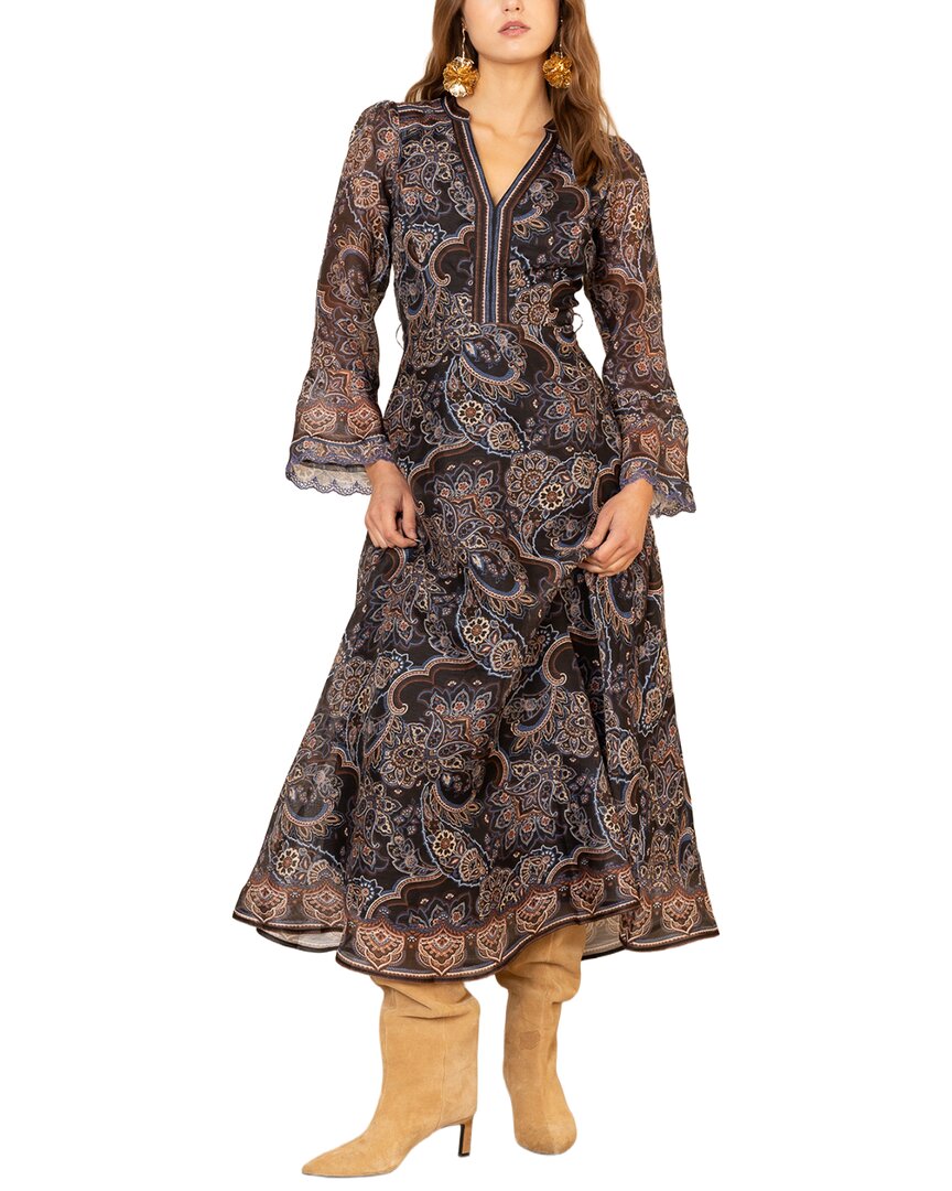 Hale Bob | Womens | Artemis Long Sleeve Silk & Linen-Blend Midi Dress | Black