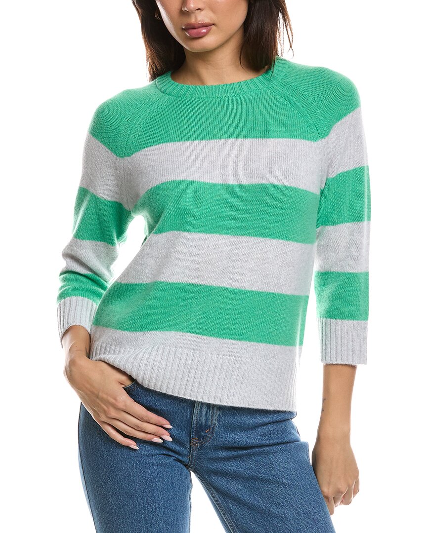 Forte Cashmere | Womens | 3/4-Sleeve Wide Stripe Crewneck 100% Cashmere Sweater | Gray