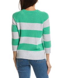 Forte Cashmere | Womens | 3/4-Sleeve Wide Stripe Crewneck 100% Cashmere Sweater | Gray