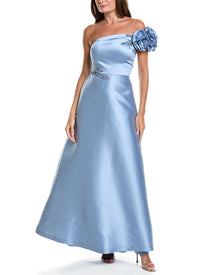 Teri Jon by Rickie Freeman | Womens | Mikado Flower One-Shoulder Bead Applique Gown | Blue