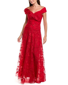 Teri Jon by Rickie Freeman | Womens | Lace Sweetheart Bodice Off-Shoulder Gown | Red