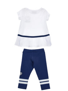 Girls | Cotton Blouse And Two-Tone Leggings Set | White/Blue