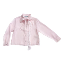 Girls blush pink blouse with bow tie collar, button front, and long sleeves