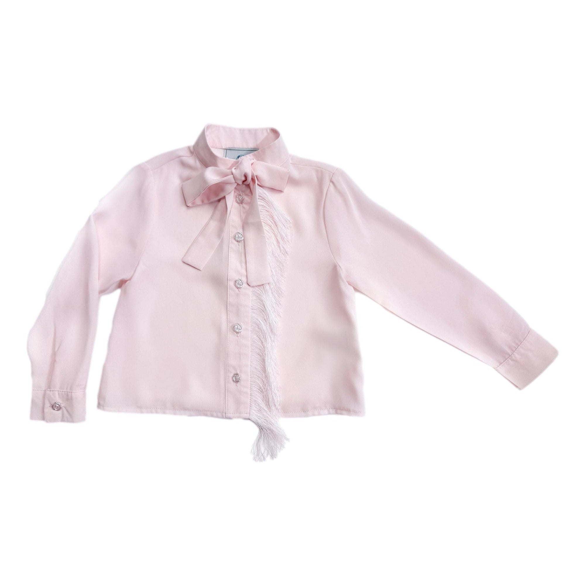 Girls blush pink blouse with bow tie collar, button front, and long sleeves