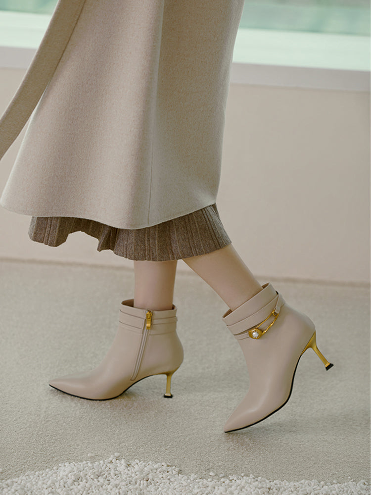 Pin Buckle Booties in Leather | Beige