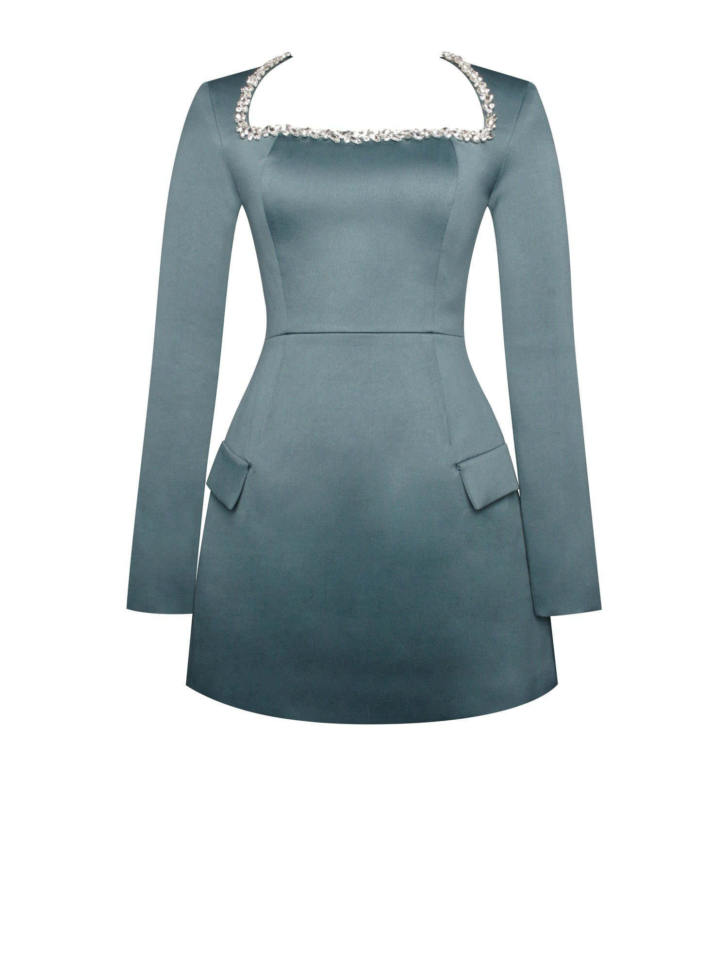 Gabella Long Sleeve A-line Mini Dress with Crystal Trim | Dark Green