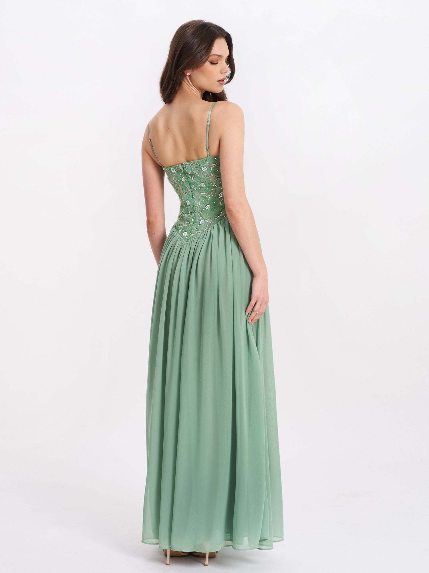 Ucille Embroidered Chiffon Maxi Dress | Sage Green