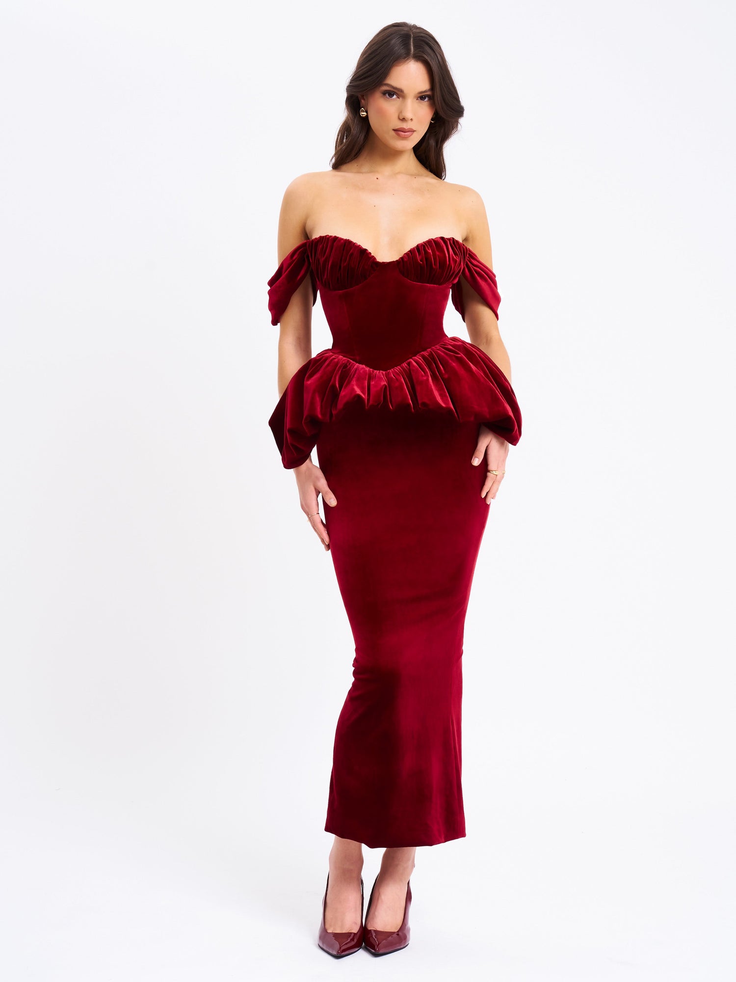 Abigail Velvet Off Shoulder Bubble Hem Peplum Maxi Dress | Burgundy