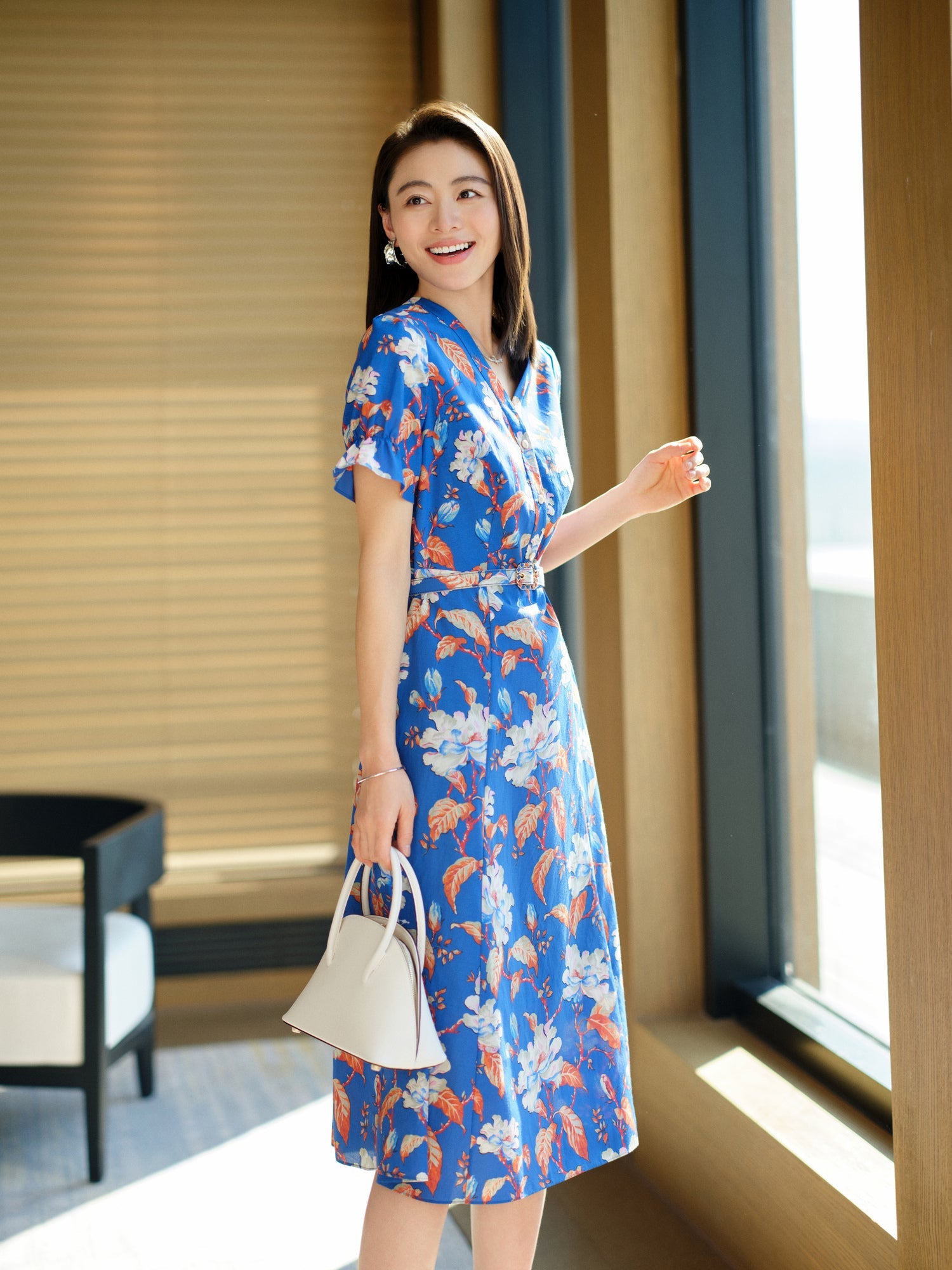 Printed Waist-fitted Dress | Blue