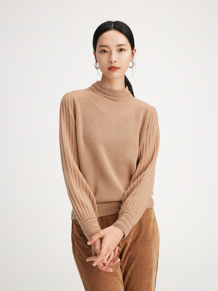 Cashmere Chimney Collar Pleated Knit Top | Camel