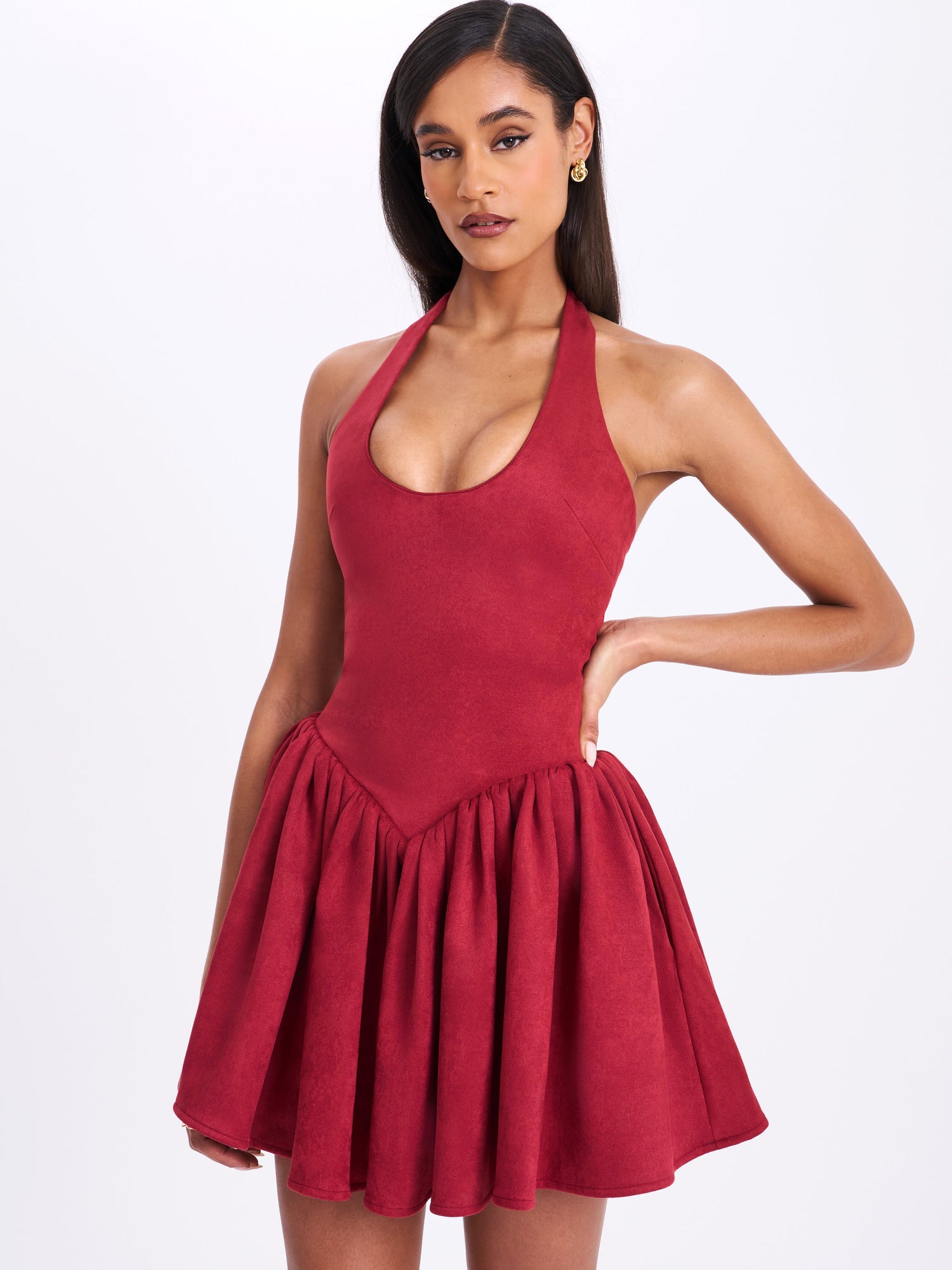 Hadorabra Suede Halter Mini Full Dress | Burgundy