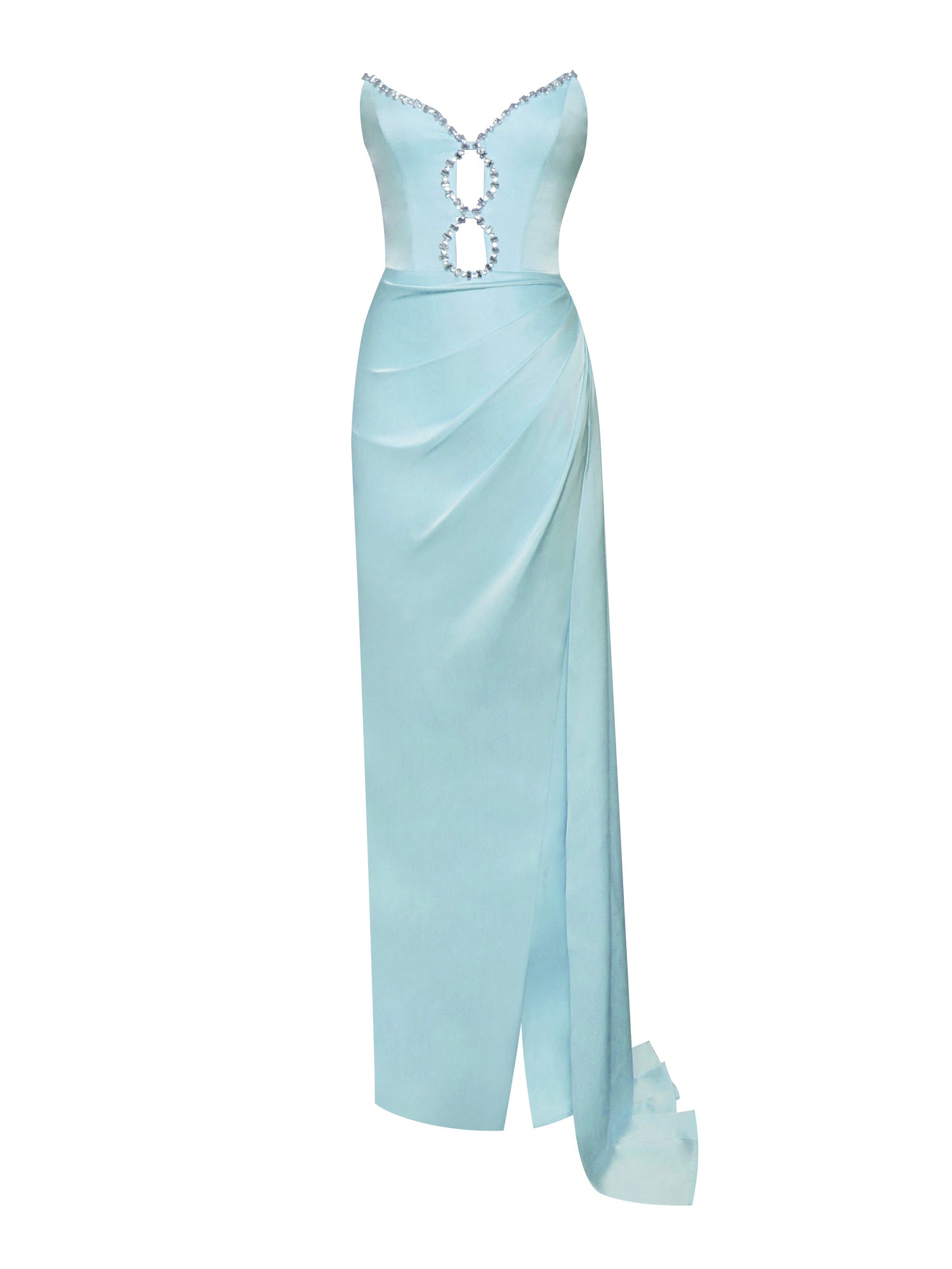 Marilyn Satin Crystal Embellished High Slit Gown | Pale Blue