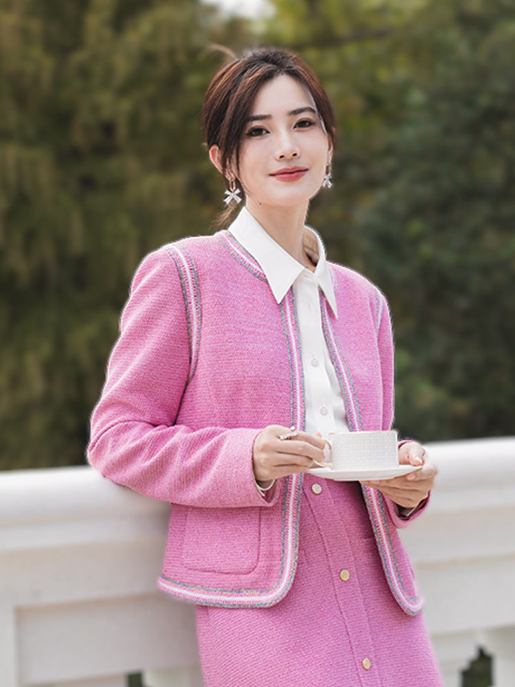 Waist-Cinching Round Neck Coat | Pink
