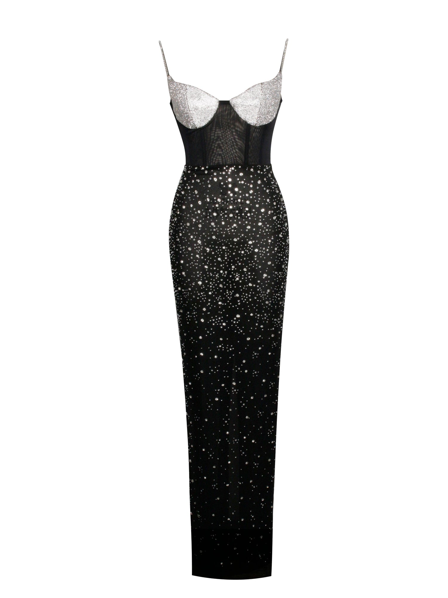 Jimena Crystal Embellished Back Slit Maxi Dress | Black/Silver