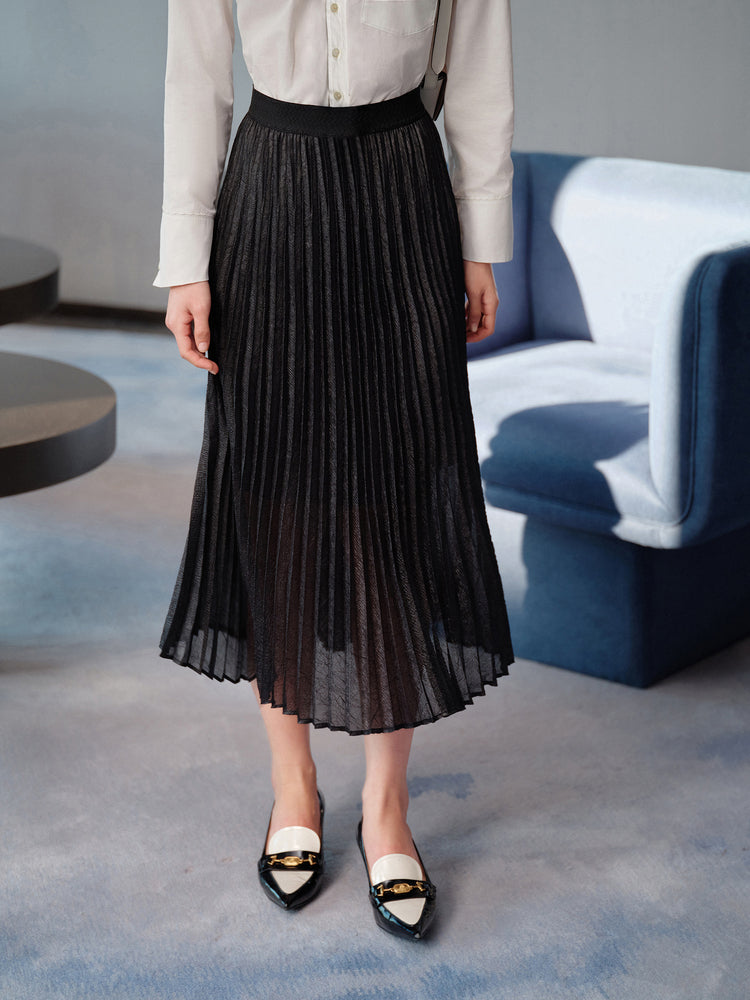 Pleated Gauze Midi Skirt | Black