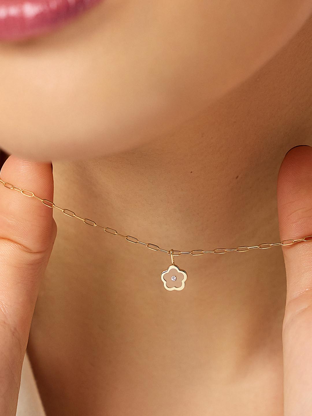 Flower Floating Charm Pendant | 10K Solid Gold | 0.01 CTW Diamond/Clear Enamel