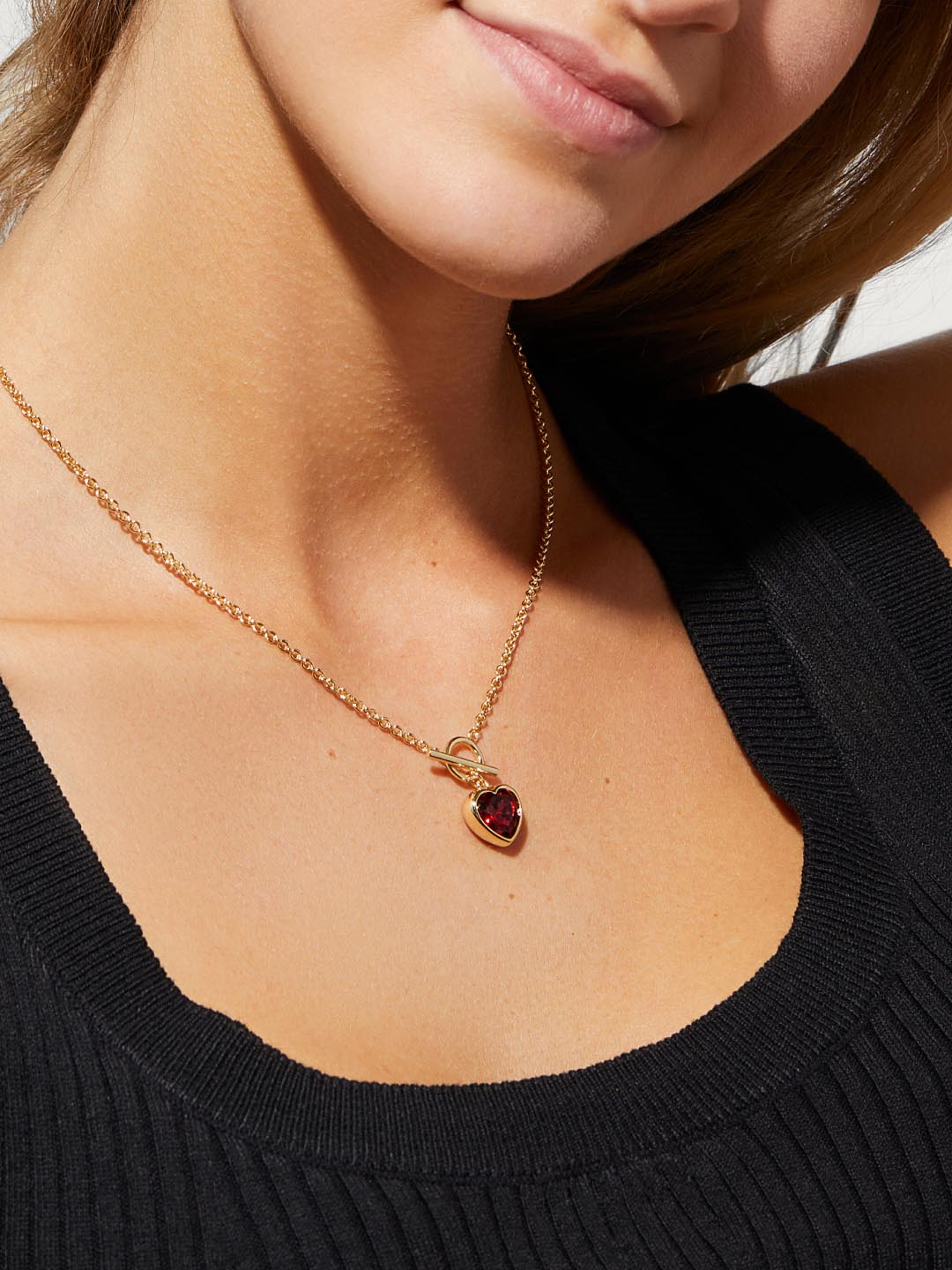Hana Lee Heart Necklace | 14K Gold on Brass | Red Cubic Zirconia