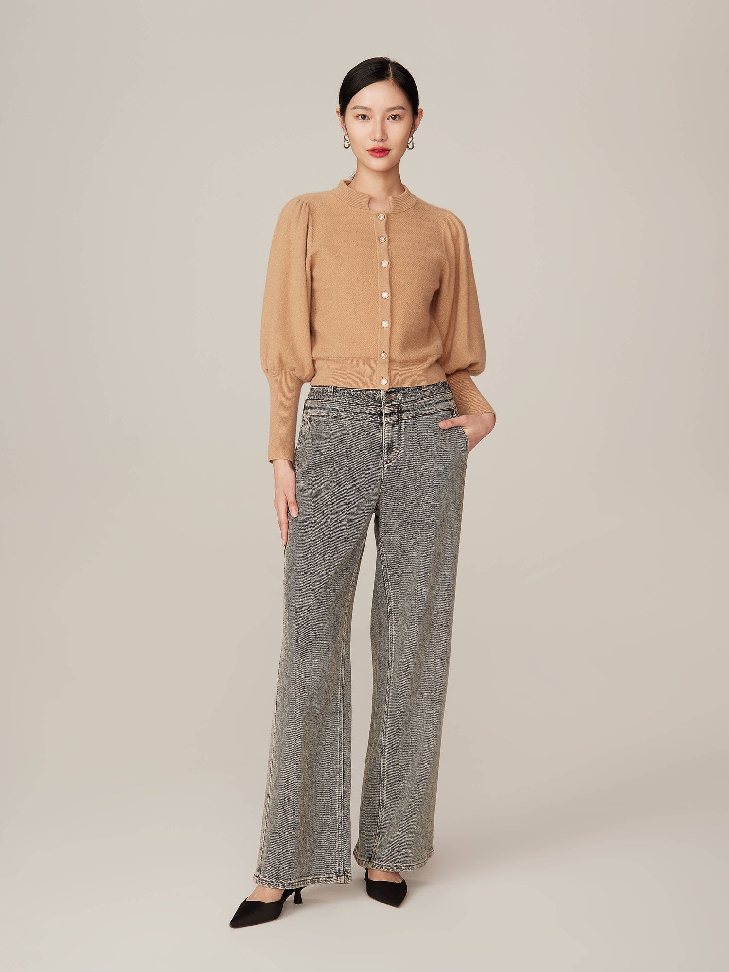Puff Sleeve Knit Cardigan | Camel