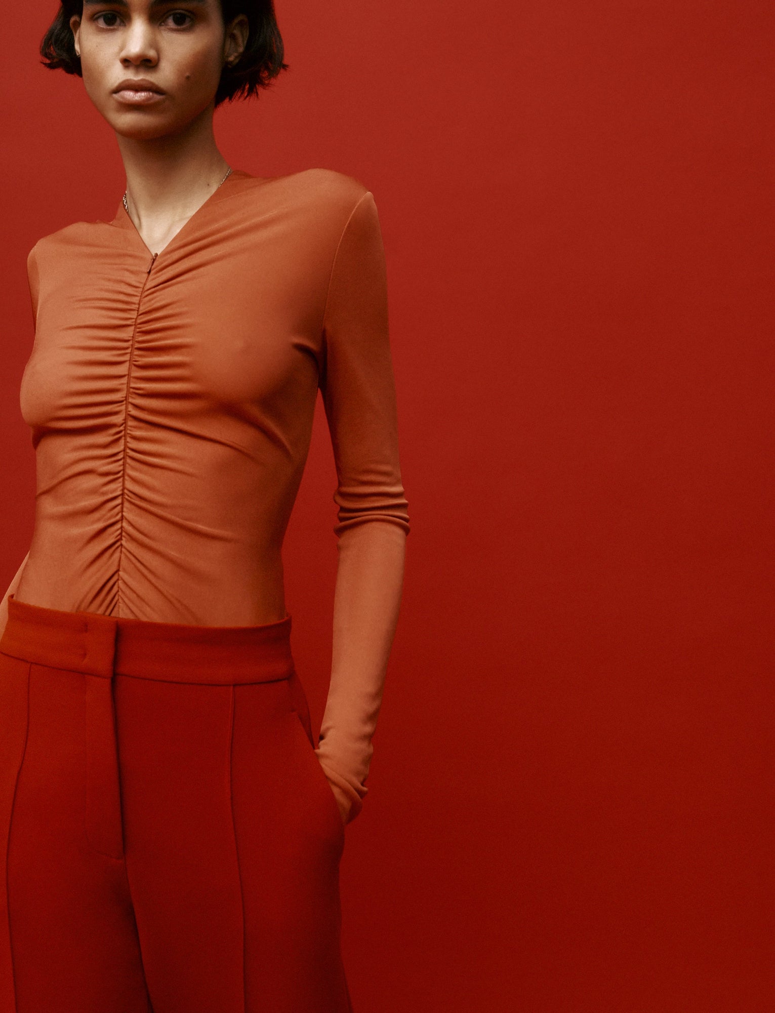 Another Tomorrow Shirred Long Sleeve Top in Sienna Red – Viscose Women's Top