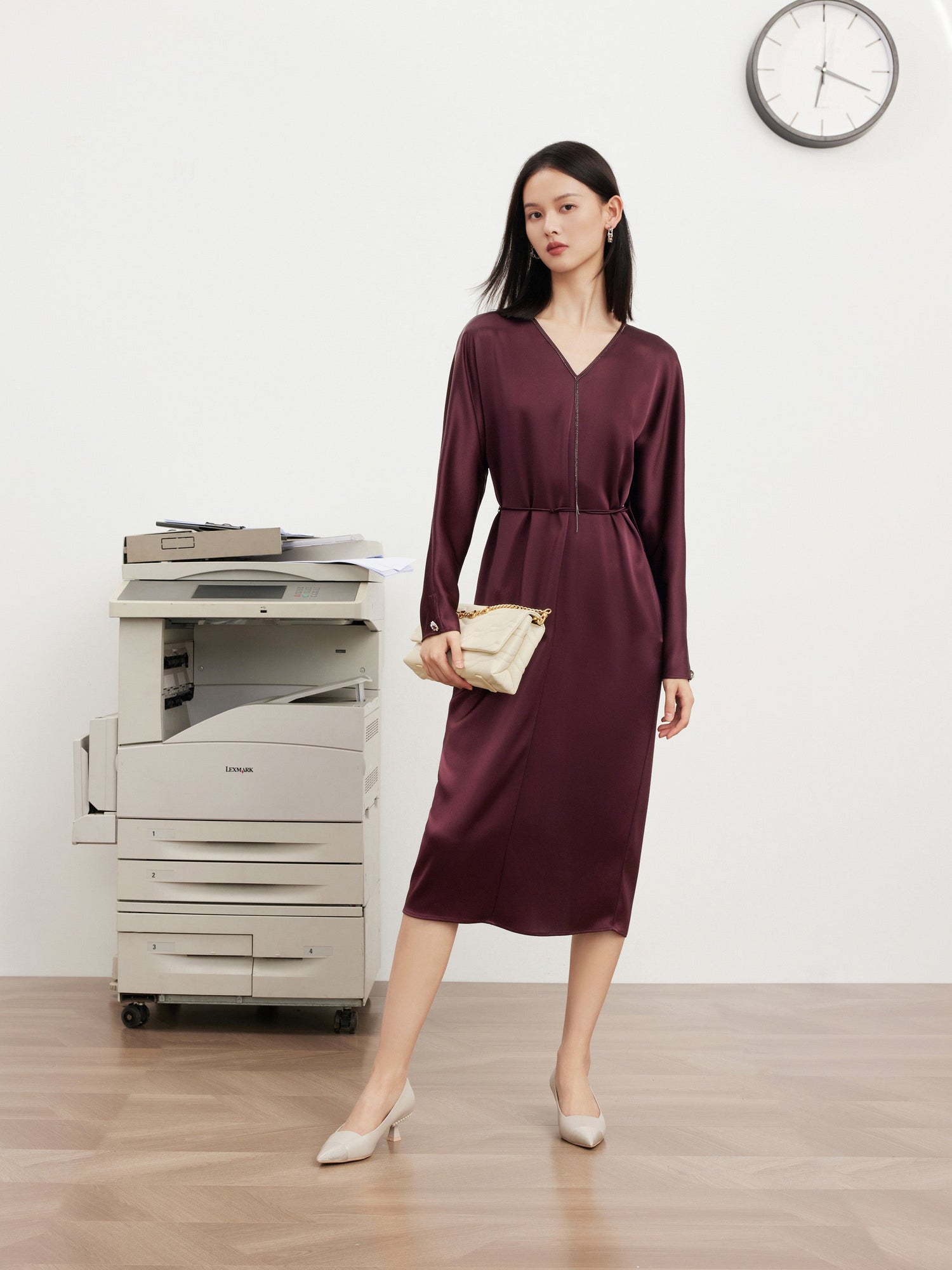 v neck high waist dress | Wine Red