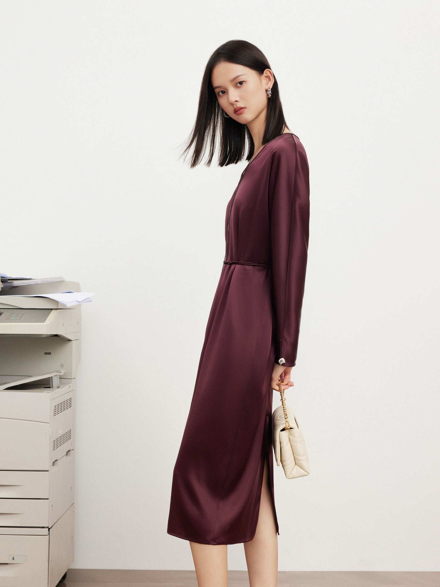 v neck high waist dress | Wine Red