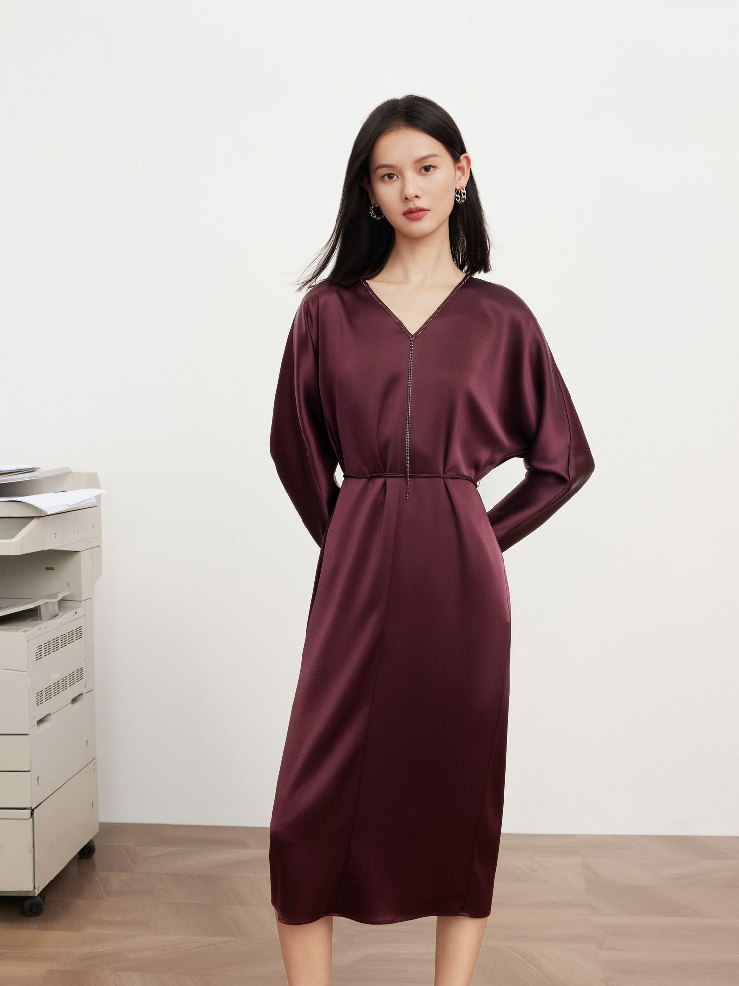 v neck high waist dress | Wine Red