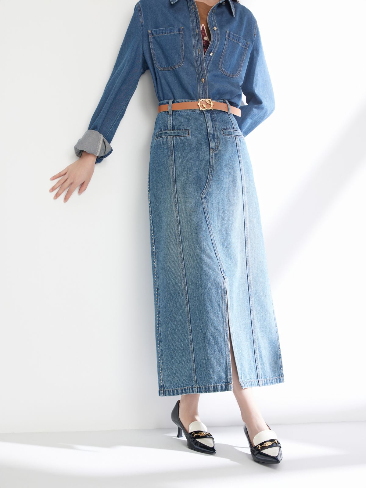 Split Cotton Midi Skirt | Blue