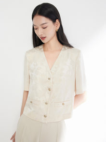 Jacquard Pattern Silk-Blend Top | Beige