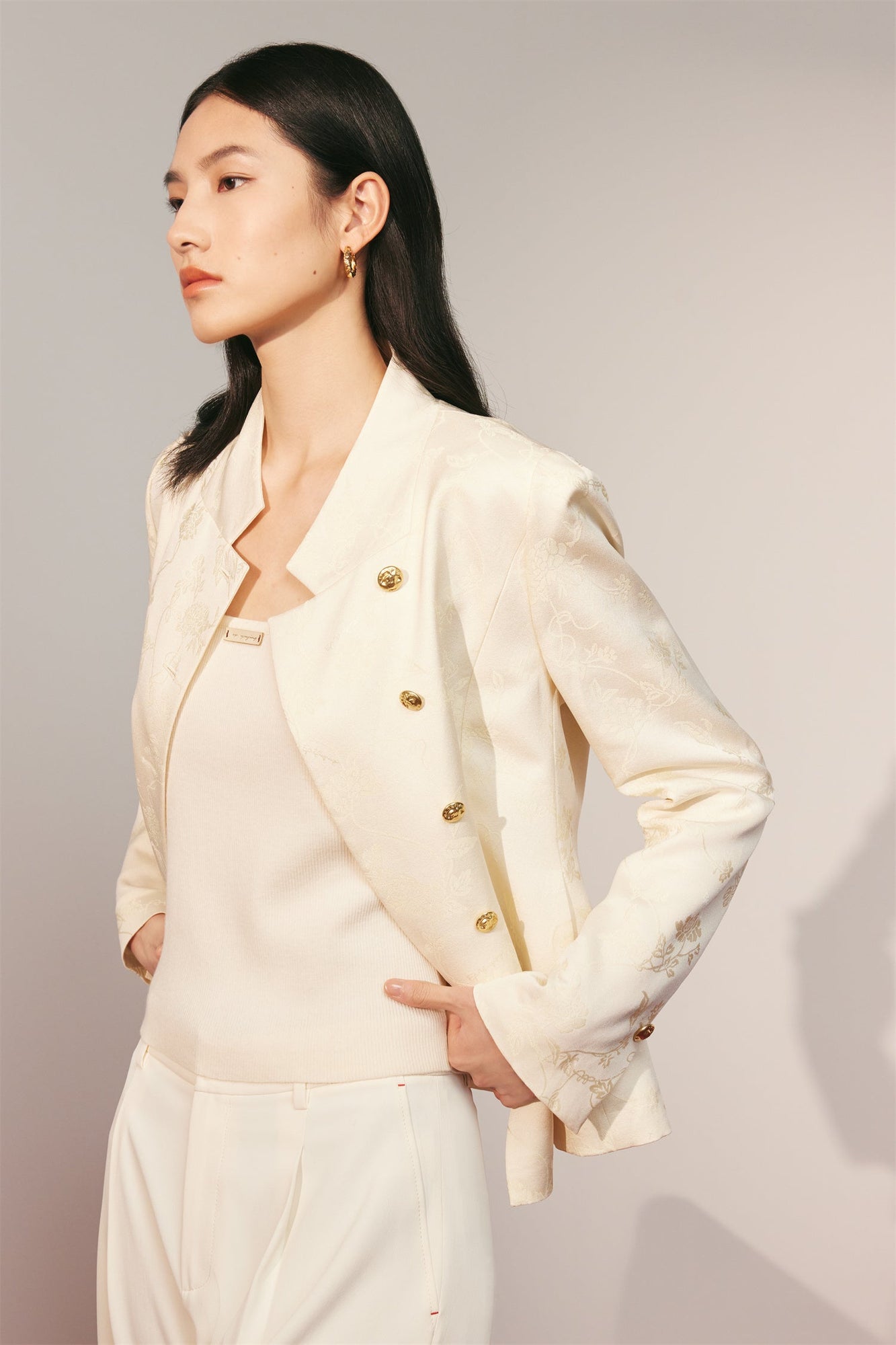 Silk Peony Jacquard Jacket | Beige