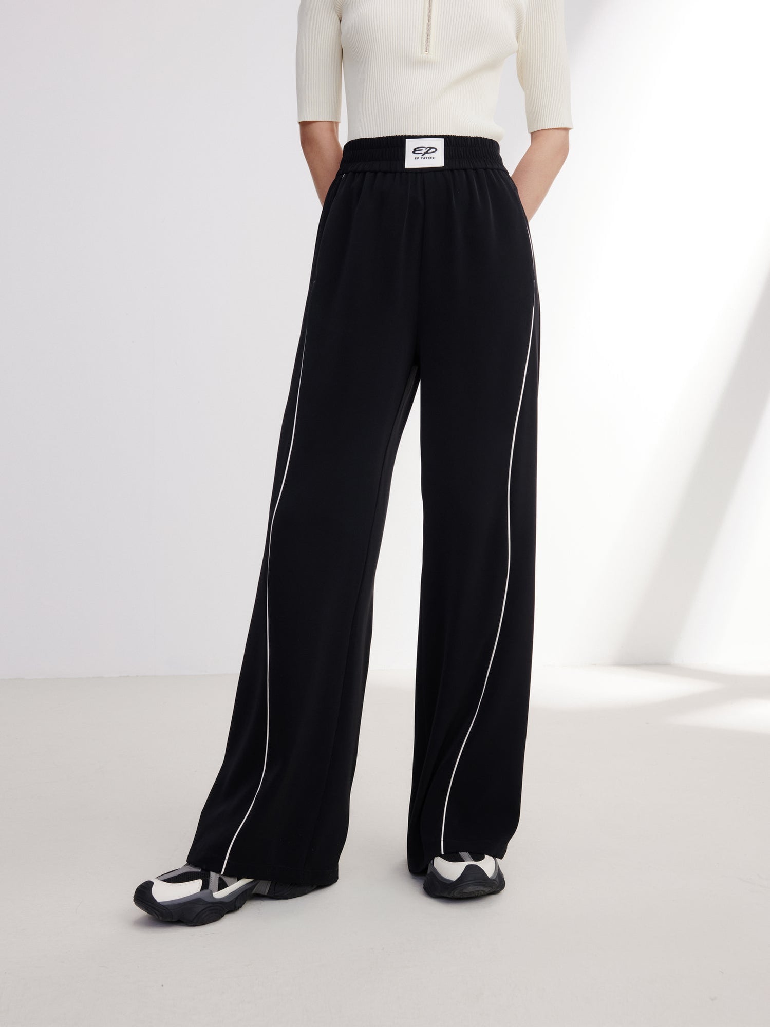 Satin Contrast Wide Leg Pants | Black