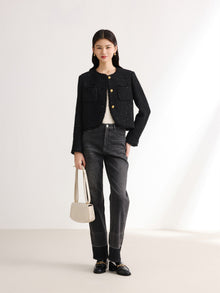 Sequin Tweed Straight Short Boxy Coat | Black