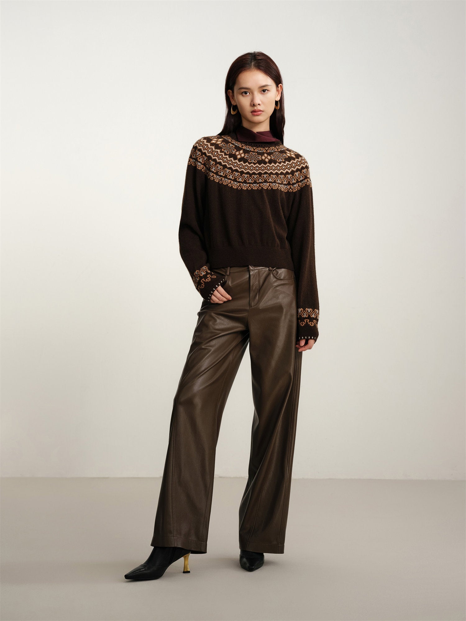 Coffee Yak Wool Ethnic Jacquard Pullover Sweater | Brown